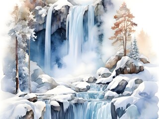 Winter Waterfall Landscape Nature Watercolor Art