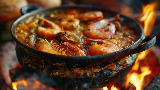 Moqueca fish and shrimp, a traditional dish of Brazilian cuisine. Stewed fish with shrimps, cooked in a delicious rich and aromatic broth. On a dark background.