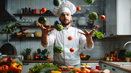 Chef juggling with vegetables and other food in the kitchen, generative AI