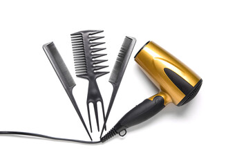 Professional hairdresser's equipment on white background