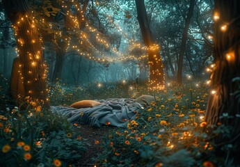 A romantic forest clearing with a blanket spread out under a canopy of twinkling fairy lights, surrounded by trees and wildflowers. The serene setting is ideal for a dreamy.