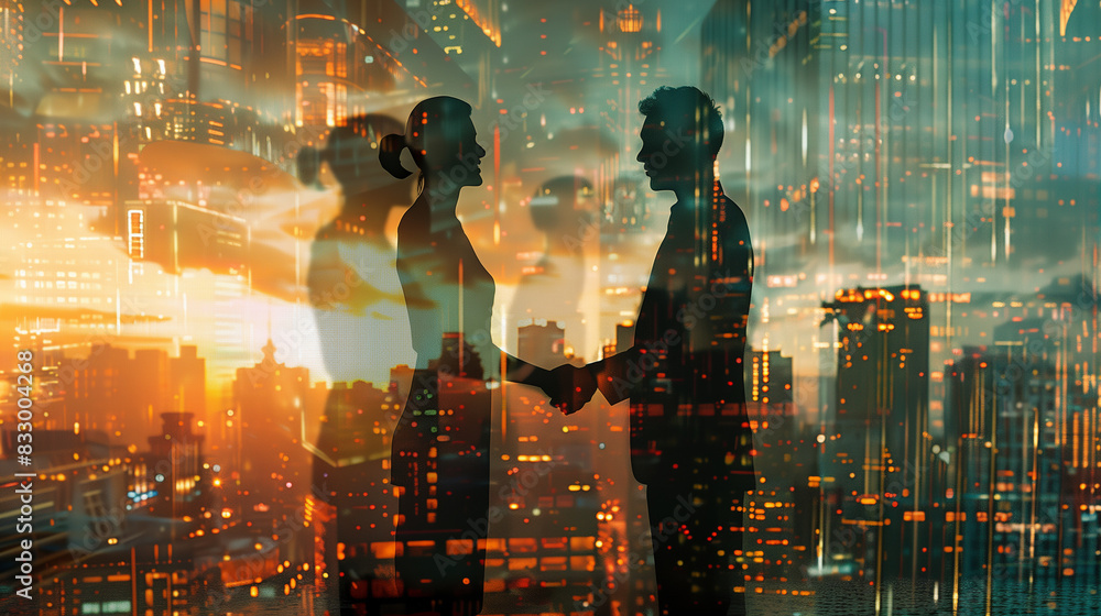 Poster a couple is shaking hands in a cityscape. the image is a reflection of the couple and the city, with