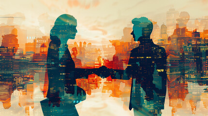 A couple is shaking hands in a cityscape. The image is a reflection of the couple and the city, with the cityscape appearing to be a mirror of the couple. Scene is one of connection and unity