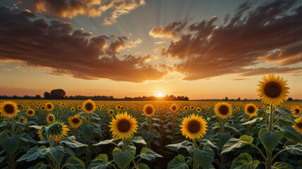 Obraz premium summer-landscape-beauty-sunset-over-sunflowers-field-panoramic-views