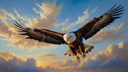 Obraz premium With majestic wings outstretched, the eagle soars across the brilliant blue sky