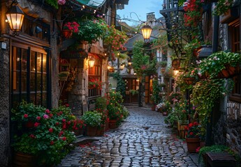 A quaint cobblestone street in a historic European village, illuminated by warm, glowing street lamps and lined with flower boxes overflowing with vibrant blooms.