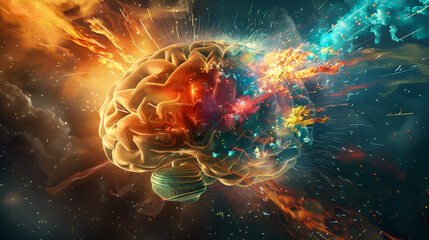 Concept art of a human brain exploding with knowledge, generative ai