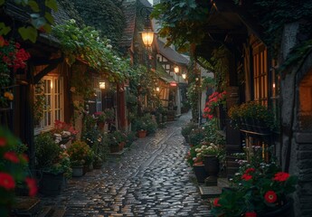 Fototapeta premium A quaint cobblestone street in a historic European village, illuminated by warm, glowing street lamps and lined with flower boxes overflowing with vibrant blooms.