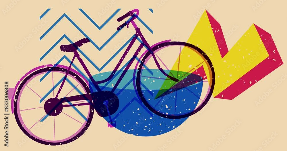 Aufkleber risograph bicycle with geometric shapes animation. moving object in trendy riso graph design video.