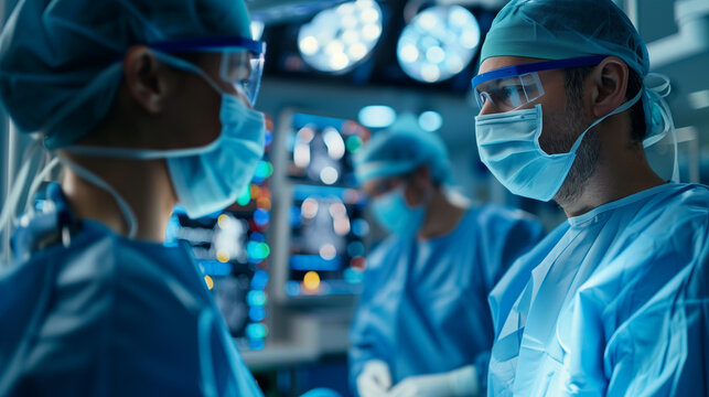 Surgical Precision. A team of surgeons performs a procedure under operating lights.
