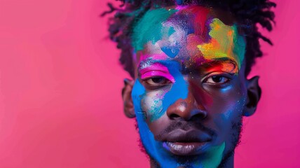 Man with rainbow face paint, looking confidently into the camera close up LGBTQ empowerment vibrant Double exposure abstract art backdrop