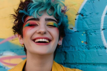 Genderfluid individual with colorful makeup, smiling confidently focus on selfexpression and acceptance vibrant Blend mode graffiti wall backdrop