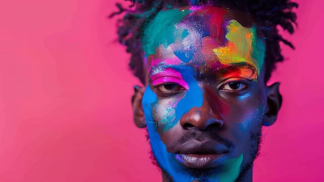 Man with rainbow face paint, looking confidently into the camera close up LGBTQ empowerment vibrant Double exposure abstract art backdrop