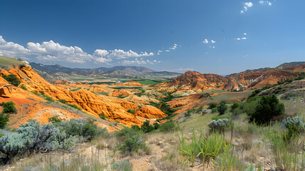 A vibrant nature butte landscape with colorful rock formations and a clear blue sky