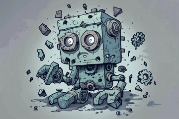 Cartoon cute doodles of a broken robot with gears and bolts falling apart, Generative AI
