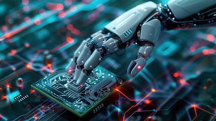 Fototapeta premium Artificial intelligence, robotic hands and integrated circuit boards