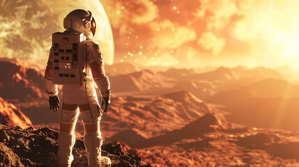 sad astronaut standing alone on planet mars with space galaxy background