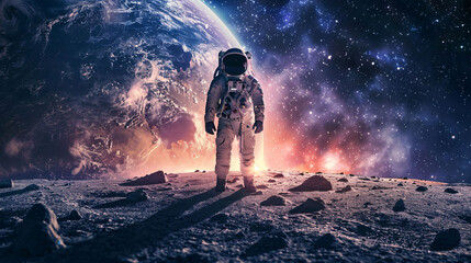 Obraz premium sad astronaut standing alone on planet mars with space galaxy background