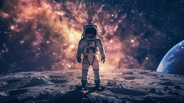 sad astronaut standing alone on planet mars with space galaxy background