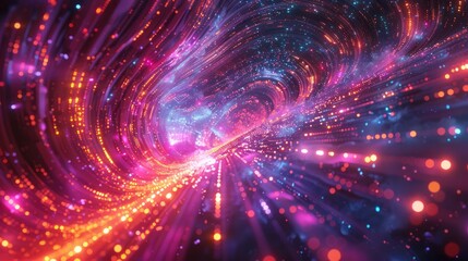 Fototapeta premium Abstract digital tunnel with neon lights, representing data flow, technology, and futuristic concepts in vibrant colors.