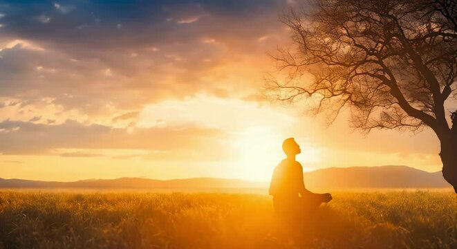 Silhouette of a Human Standing and Worshiping God in a Meadow Against an Autumn Sunset Background, Stunning 4K Footage.

