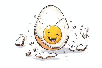 Cartoon cute doodles of a cracked egg with a smiling yolk and shell fragments, Generative AI