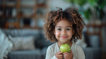 adorable black toddler smiling and holding fresh green apple at home