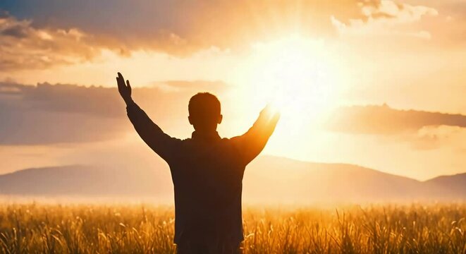 Silhouette of a Human Standing and Worshiping God in a Meadow Against an Autumn Sunset Background, Stunning 4K Footage.

