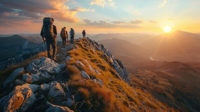 Hikers trekking along a mountain ridge at sunset, surrounded by stunning landscapes and dramatic skies in a beautiful outdoor adventure.