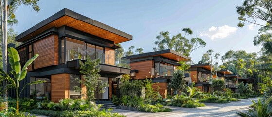 Obraz premium Modern eco-friendly homes surrounded by lush greenery in a serene neighborhood. Ideal for sustainable living and nature lovers.
