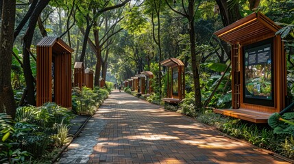Obraz premium Scenic brick pathway in a lush green park with wooden display boards and towering trees, perfect for a peaceful stroll.
