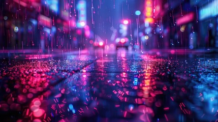 Fototapeta premium Vibrant city street at night, reflecting neon lights and colors on wet pavement, creating a stunning urban scene with dreamy atmospheric rain.