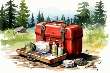 A watercolor of a first aid kit