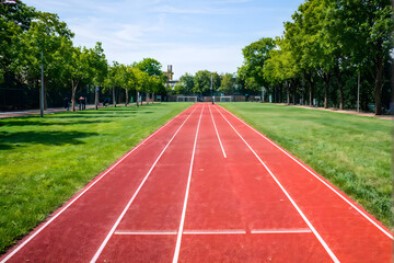 Athlete track or running track with green trees in the playground