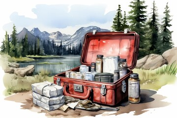 A watercolor of a first aid kit