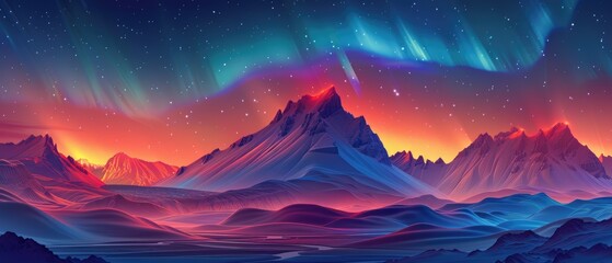 Vivid digital artwork of snowy mountains under colorful Northern Lights, capturing a mesmerizing night sky with a vibrant aurora borealis.