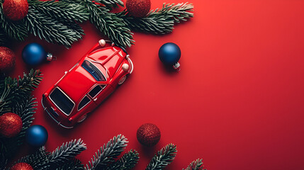 Christmas background Red toy car with a Christmas, generative AI