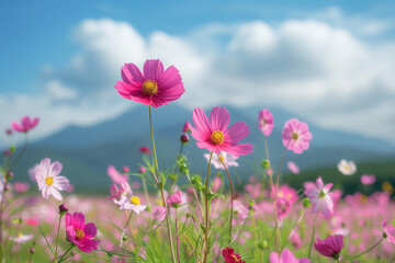 Fototapeta premium Cosmos flower field in summer with mountain background at Biei province, Hokkaido, Japan