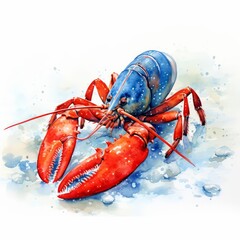 A watercolor of a lobster, vibrant and strong, crawling along the ocean bed, capturing the essence of resilience and strength, amidst a deep, blue sea, Clipart isolated on white