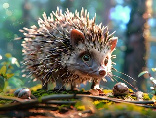 Obraz premium Curious Hedgehog Exploring Lush Forest Undergrowth