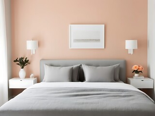 Obraz premium Bedroom in delicate peach fuzz color panton furniture and accent wall. Modern luxury room interior home or hotel design. Empty warm apricot paint background for art.3d render 