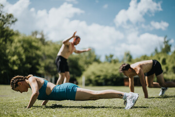 Three people engaged in outdoor fitness training, performing push-ups and mountain climbers in a...