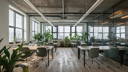 Fototapeta premium empty minimalist chic modern offices at coworking space, glass walls, concrete architecture