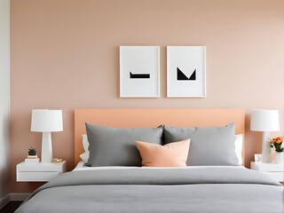  Bedroom in delicate peach fuzz color panton furniture and accent wall. Modern luxury room interior home or hotel design. Empty warm apricot paint background for art.3d render 
