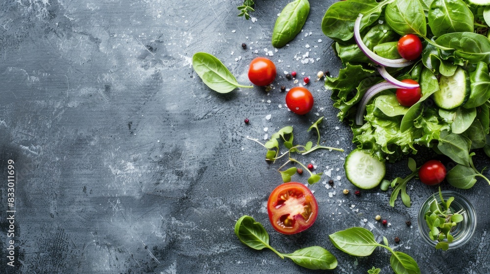 Sticker fresh vegetarian salad and ingredients on a gray table top view