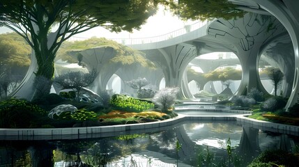 Enchanting Futuristic Garden Landscape with Surreal Architecture and Reflective Pond