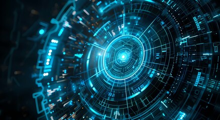 Fototapeta premium a blue light illuminates a large circular object in the center of a dark background