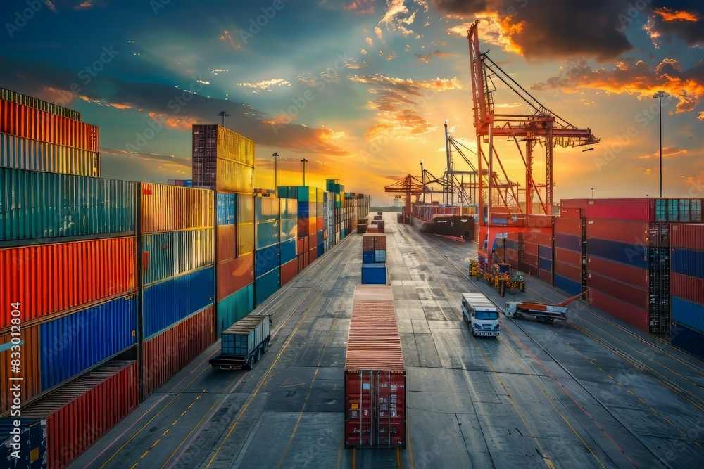 Poster logistics import export at port with lot of container
