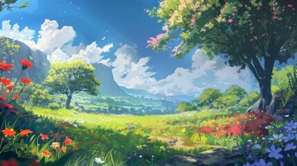 Gentle rolling hills of a peaceful field with ancient apple trees and wildflowers swaying in the breeze