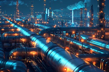 A network of glowing pipelines snaking across a vast industrial complex at night.